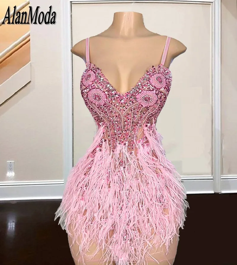 

Formal Occasion Dresses Party Wear Beading Feathers Pink Prom Gowns Spaghetti Straps Birthday Outfits Women Vestidos De Gala