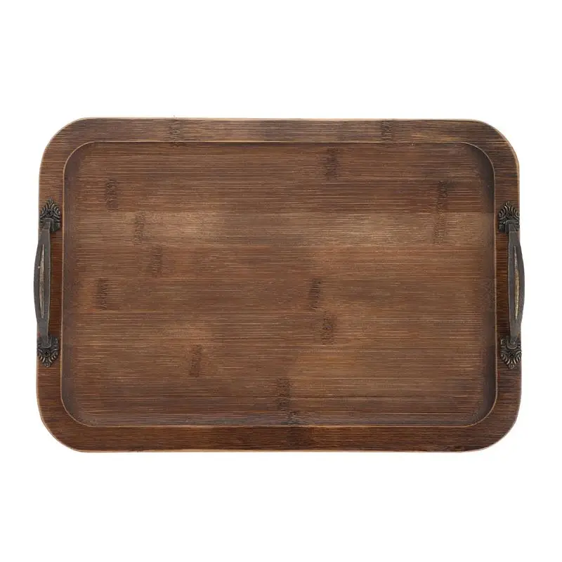 Bamboo Serving Tray with Metal Handle Household Storage Durable Handles |