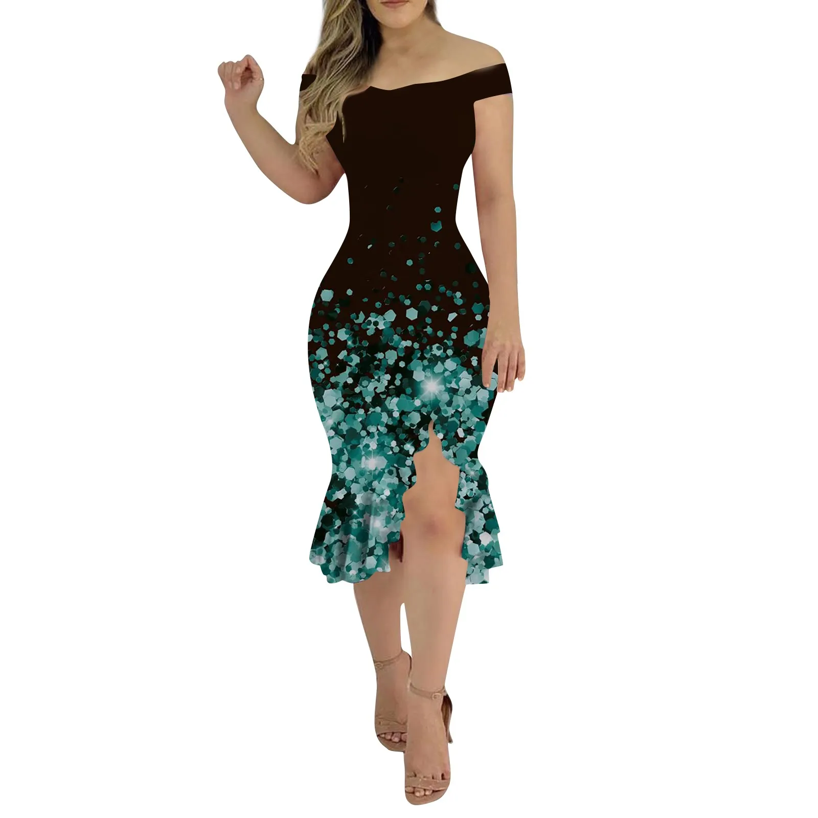 

Модная сексуальная одежда, летние облегающие платья с открытыми плечами и коротким рукавом, с блестками и оборками, шикарные платья с принтом для женщин, платья