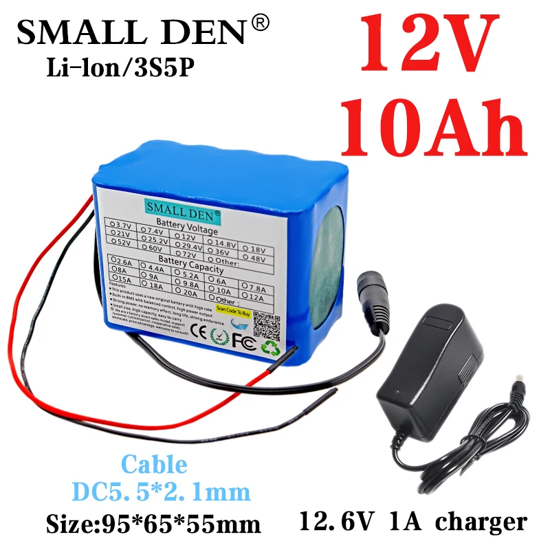 12V 10000mah rechargeable battery 18650 10 Ah lithium ion battery with BMS lithium battery pack protection board+12.6V1A charger