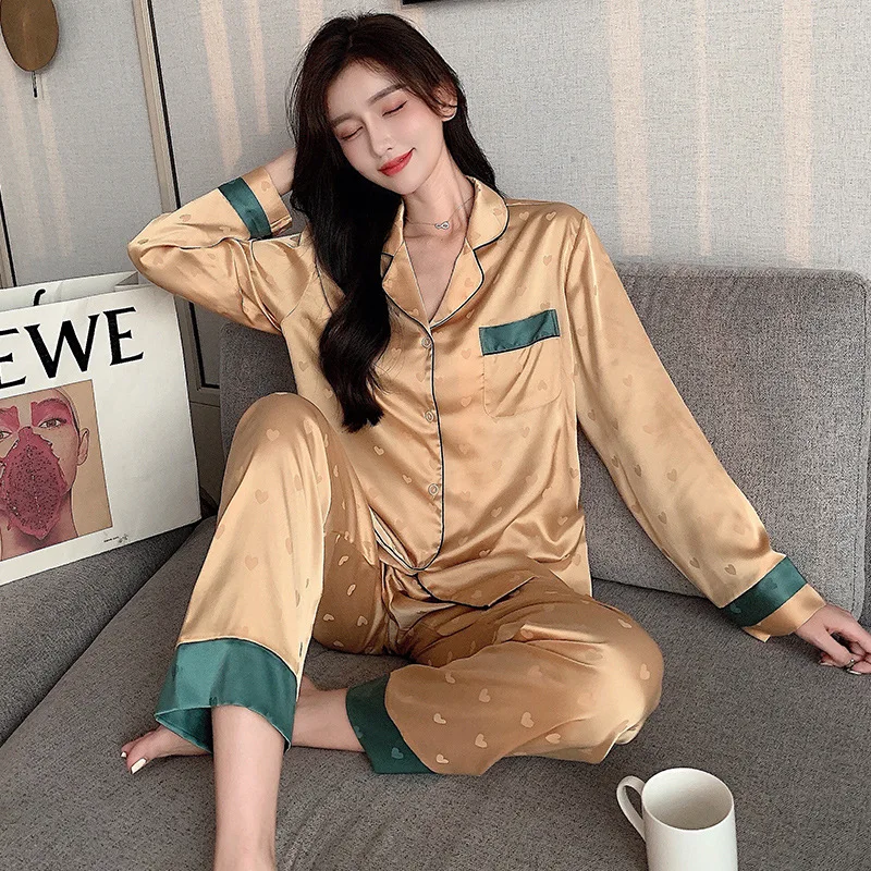 QWEEK Satin Designer Clothes Women Luxury Sleepwear Cardigan Pajama Summer 2 Piece Set Trouser Suits Green Golden Nightie