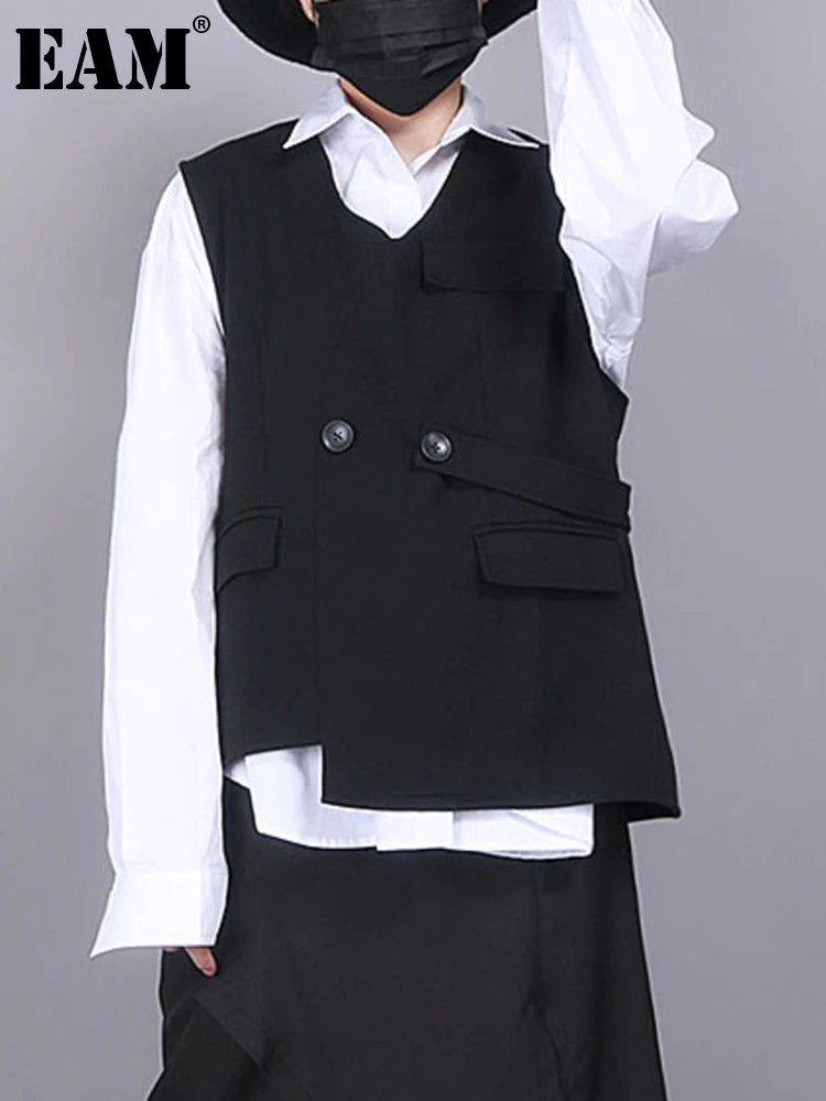 [EAM] Женская свободная черная Асимметричная жилетка большого размера с v-образным