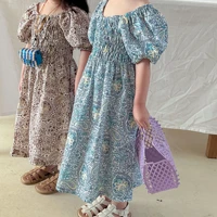 childrens clothing toddler girls fashion print pattern dress square neck long skirt cute puff sleeve princess dress 2022 new