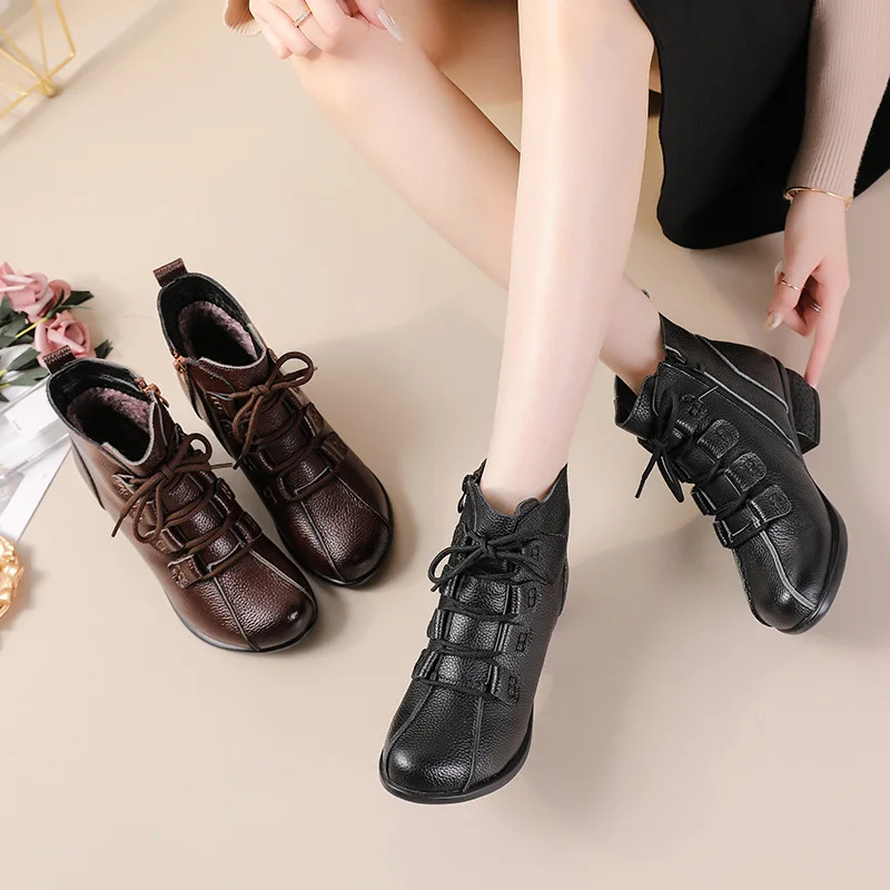 Genuine Leather Boots for Woman Winter Plush Round Toe Ladies Retro Ankle Boot Female Autumn Women Thick Bottom Booties Shoes