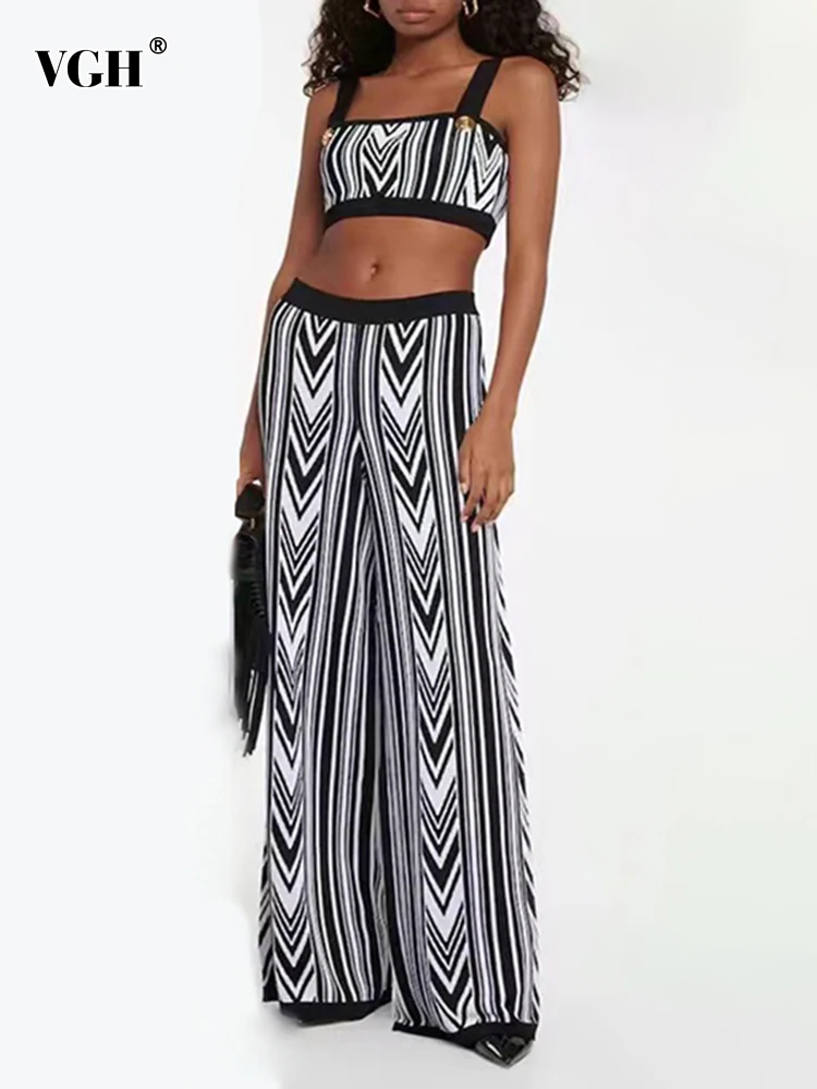 

VGH Spring Fashion Striped Two Piece Set For Women Square Collar Sleeveless Vest High Waist Wide Leg Pants Female Sets 2022 New