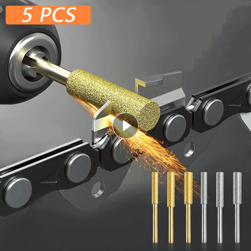 

5PCS Chainsaw Sharpener Diamond Coated Cylindrical Burr Grinder Stone File Chain Saw Sharpening Carving Grinding Tools 4-5.5mm