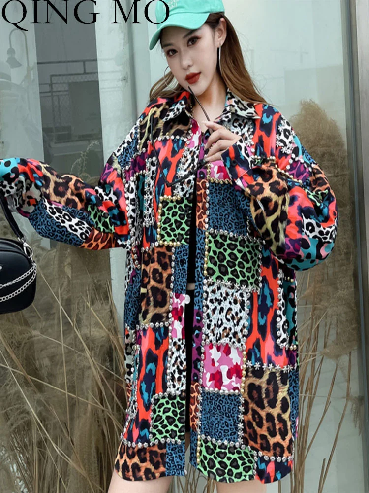 

QING MO Women Leopard Print Printing Shirt Loose Heavy Industry Bead Lattice Long Sleeves Lapel Shirt 2023 Autumn LHX1341A