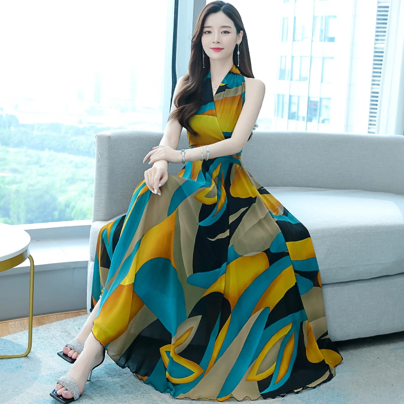 

2022 Summer Striped Print Chiffon Boho Beach Maxi Dress Women Sexy V-neck Sleeveless Long Dresses Elegant Bodycon Party Vestidos