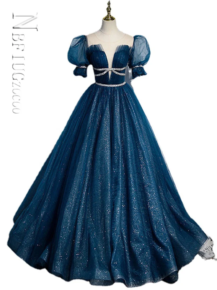 

Fashion New Luxury Evening Dress for Women Puff Sleeve A-line Floor-length Blue Prom Formal Gowns Vestidos De