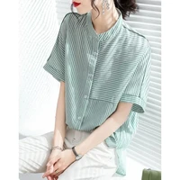 2022 summer new shirts simple casual back embroidered striped blouses tops for women harajuku shirt clothes women