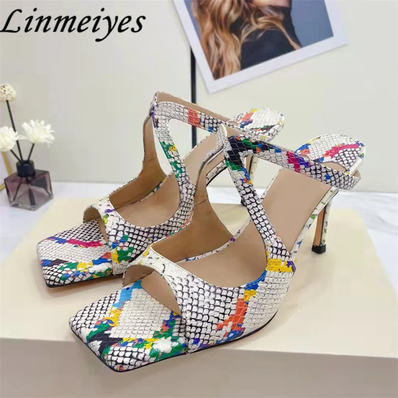 

Summer Slippers Women High Heels Dress Party Shoes Lady Square Peep Toe Genuine Leather Slides Woman Thin Heels Sandals Women