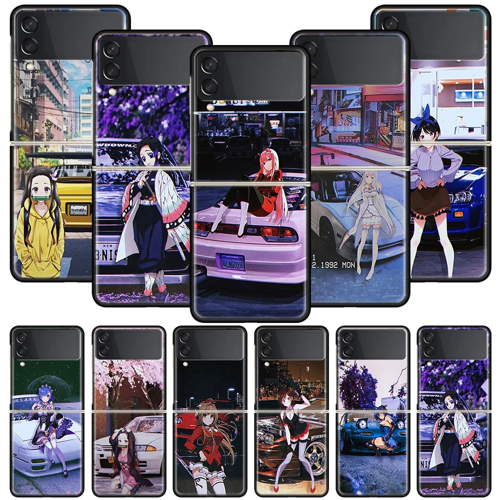 

Anime Girl JDM Sports Car Drift Funda Phone Case For Samsung Galaxy Z Flip 3 5G Luxury ZFlip3 Black PC Hard Shockproof Back Cove