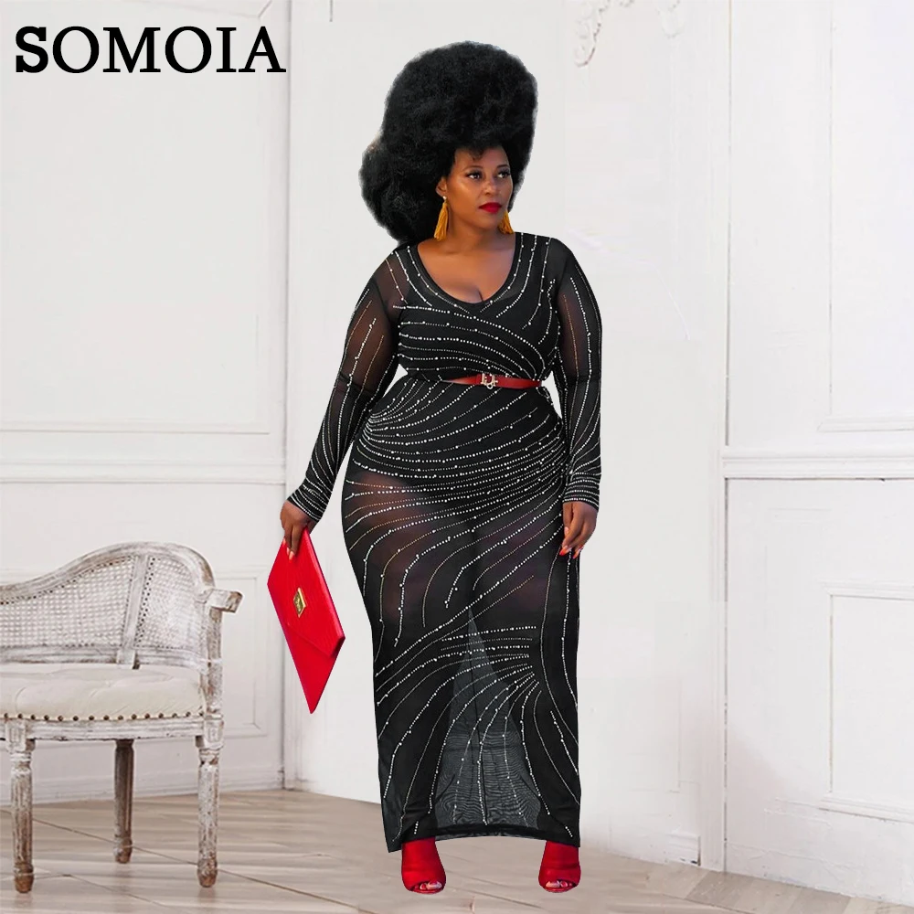 

SOMOIA Plus Size Party Dresses Wholesale Dropshipping Women's Large Size Dress with Hot Drill Sexy Slim Perspective Dress