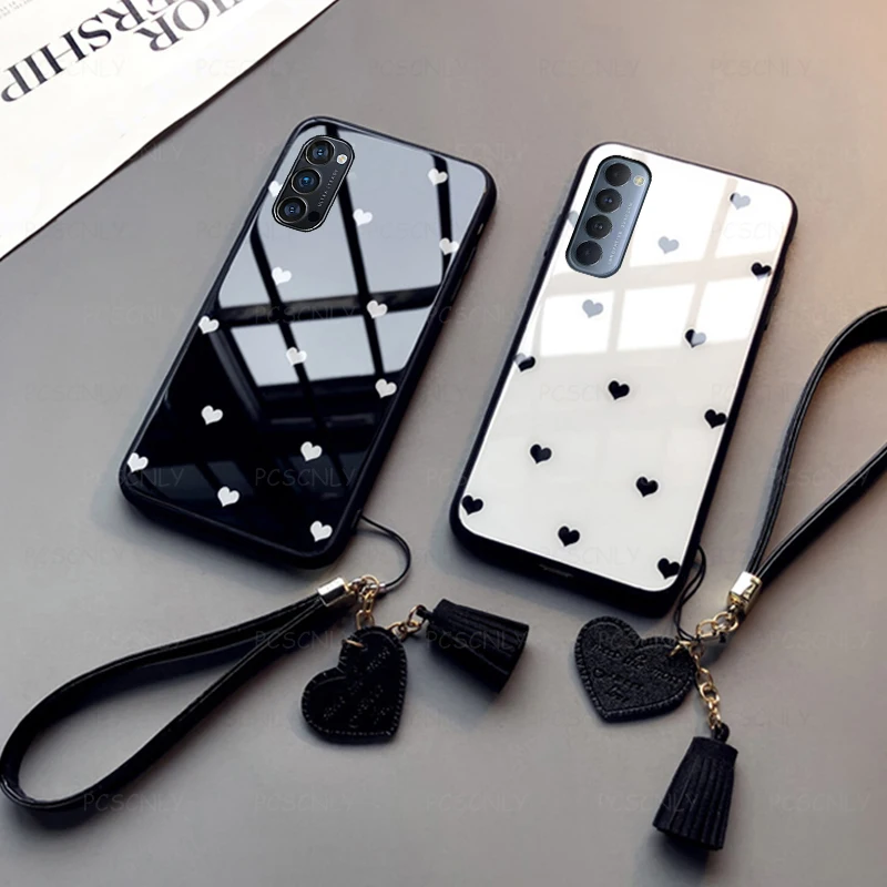 

Glass Case For OPPO Reno 4 Pro SE 4Z 4F 4G 5G Fashion Love Heart Phone Hard Cover For Reno4 Pro SE Z F Lite with Lanyard