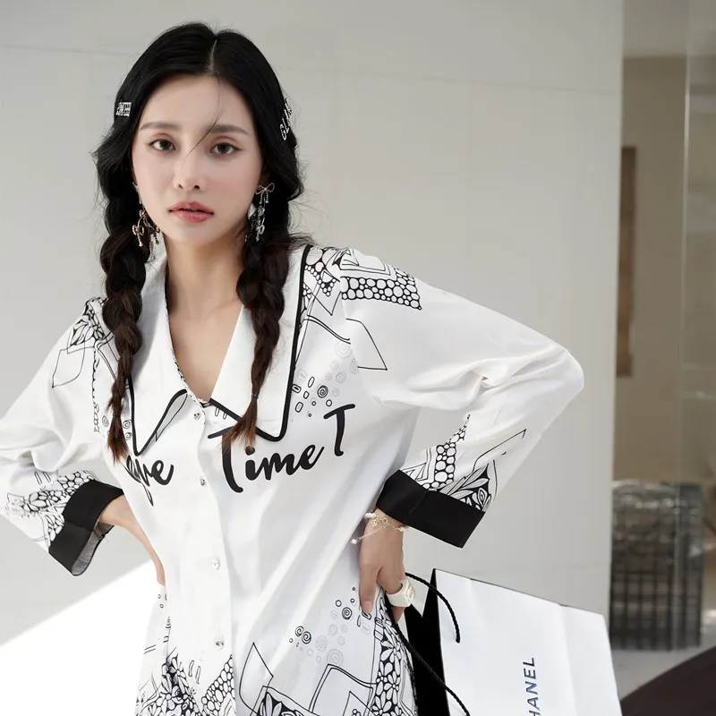 New ice silk pajamas women's fresh twist print long-sleeved comfortable home pajama set