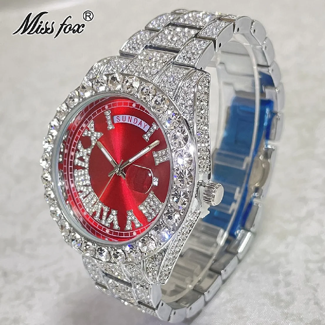 

Hip Hop Brand New Luxury Moissanite Watch For Men Fashion Red Waterproof Wrist Watches Automatic Date Week Clocks Male Gift Hot