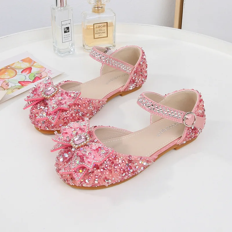 

Girl Crystal Shoes Bling Princess Pink Shoes for Children Leather Shoes Dance Party Wedding Sandals Fashion Versatile Kids Flats