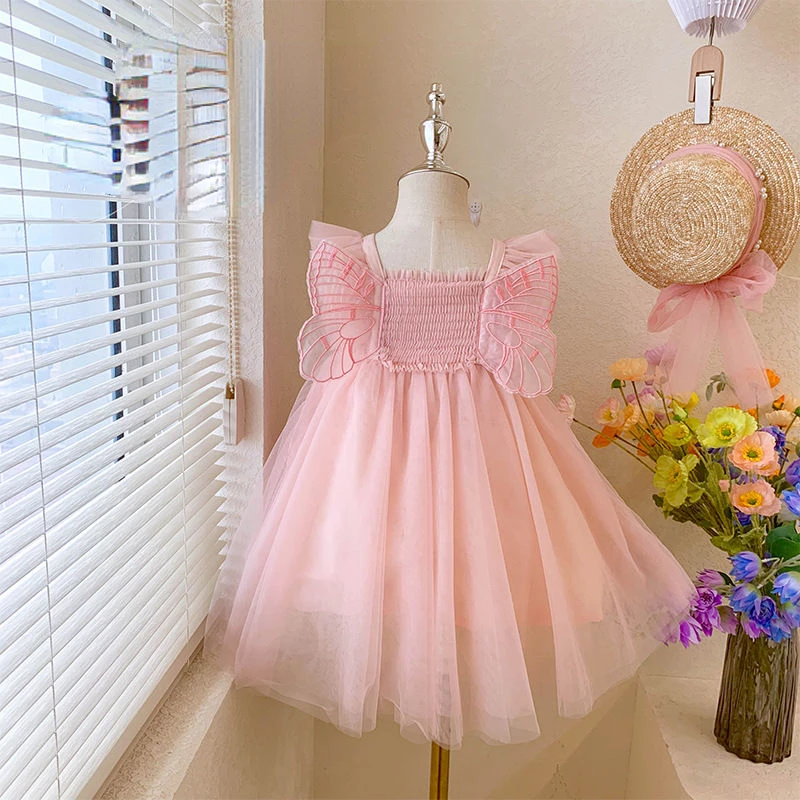 

Одежда для девочек, Новинка лета 2022, детская одежда, модное Сетчатое платье с крыльями бабочки для дня рождения, бальное платье для маленьки...