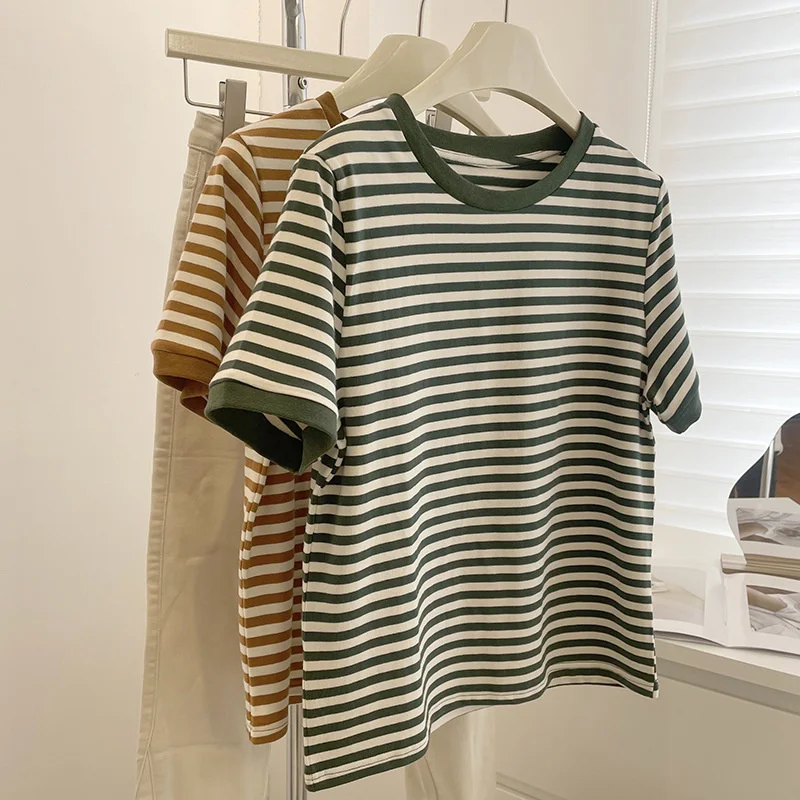 

Vintage Green Stripe Women T-shirt 2022 Summer Elastic O-neck Short Sleeve Casual Loose Soft Cotton T-shirts Summer Pullovers
