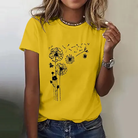 Женская футболка с принтом одуванчика и цветов, футболка с коротким рукавом и круглым вырезом, модный топ, легкая Мягкая Повседневная летняя одежда