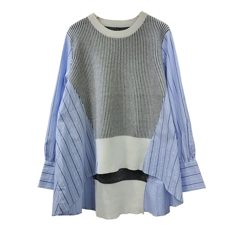 Женская белая блузка в полоску рубашка стиле пэчворк оверсайз с асимметричным