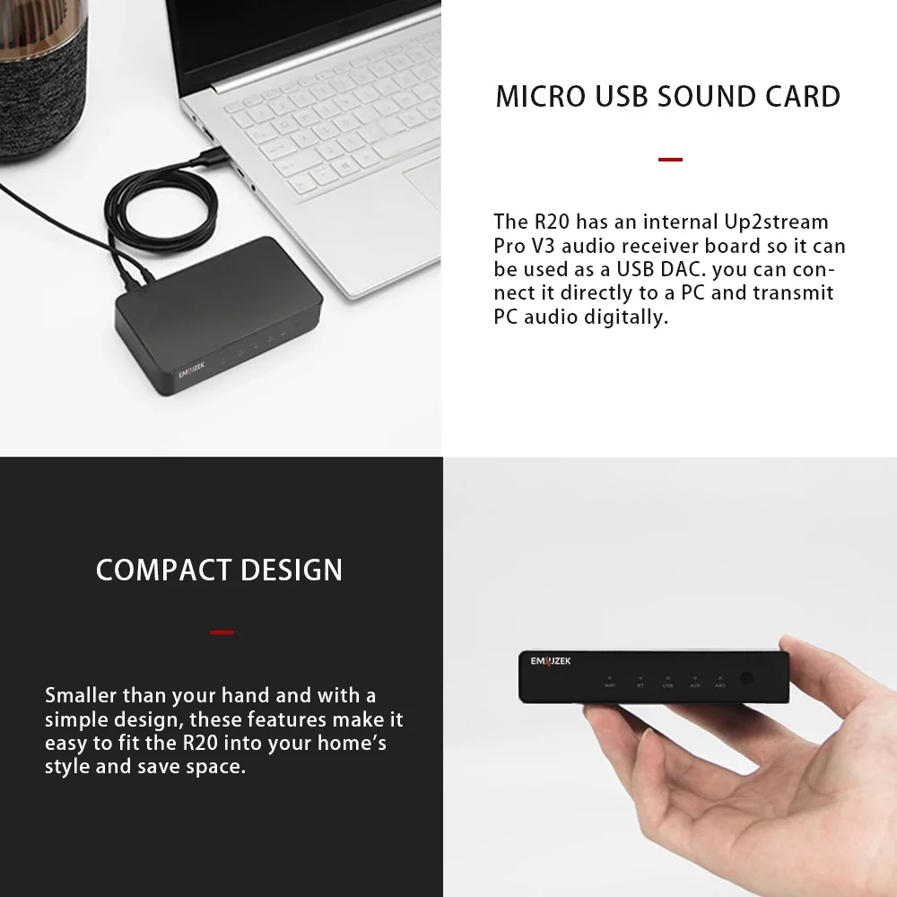 HiFiMuse R20 WiFi Bluetooth аудио-стример DAC с поддержкой мультирум-систем, оптическим и AUX входами, 24bit192kHz, AirPlay, домашний HiFi-ресивер (art.: 3920da684e560) - 3920da684e560