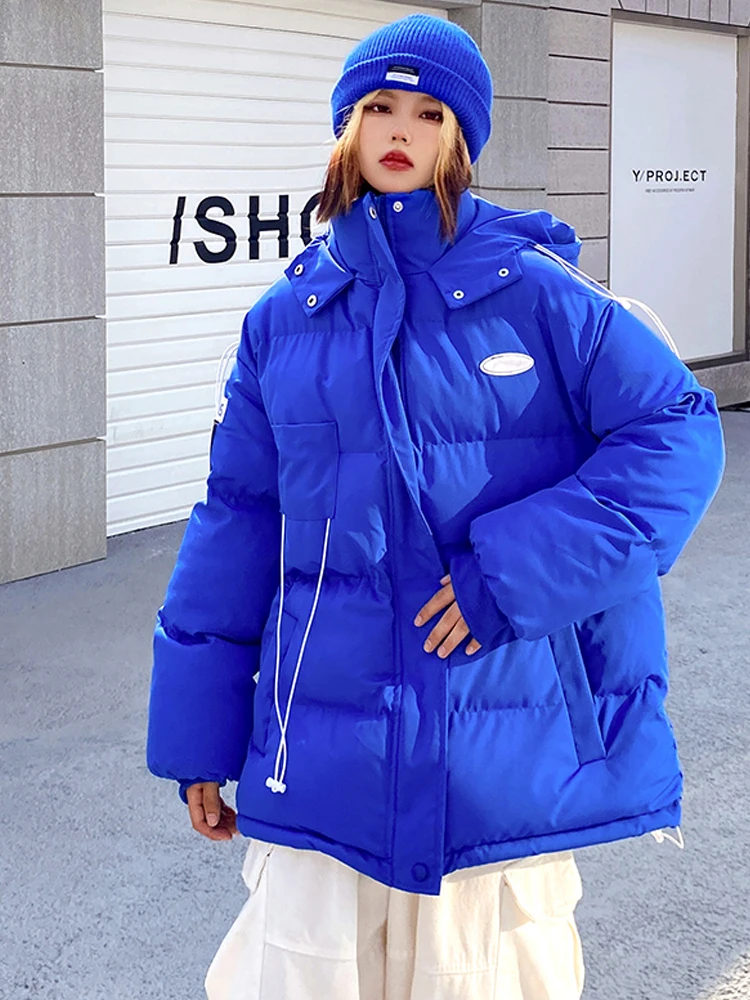 Klein blue cotton-padded jacket, hooded cotton-padded jacket women autumn and winter thick loose zipper padded jacket