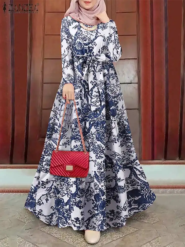 ZANZEA Bohemian Casual Elegant Turkish Islamic Clothing Spring Women Floral Print Dress Full Sleeve O-Neck Ankle Length Dresses