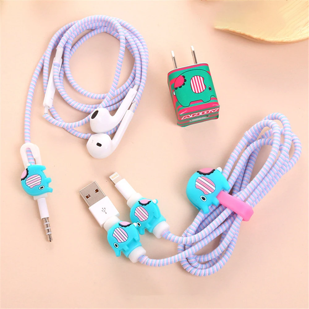 5pcsset mobile phone earphone cute data cable protector set cable protective cover for iphone 78x charger sticker earphone free global shipping