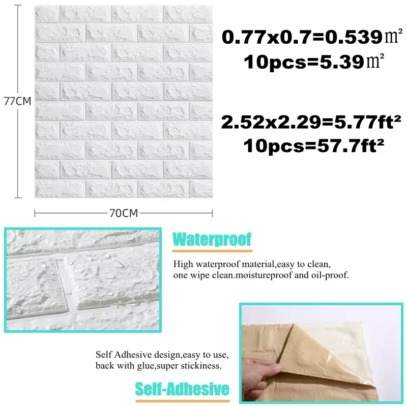 

10pc 77*70cm 3D Wall Sticker Imitation Brick Bedroom Waterproof Self-adhesive Wallpaper For Living Room TV Backdrop Decor