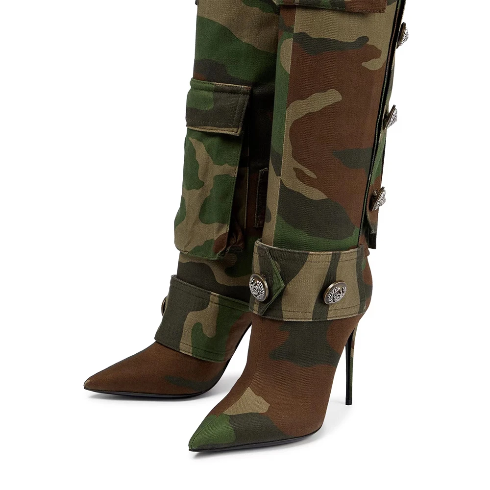 Autumn Winter  women's Knee High Boots Pointed Toe High Heel Slip On Sexy Denim Camouflage Button Vintage Fashion Tall Boots