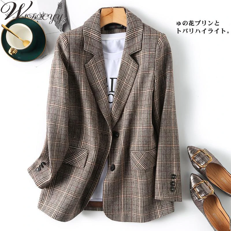 

Korean Plaid Blazer Coat Women Elegant Long Sleeve Vintage Suit Jacket Office Lady Casual Single Breasted Blazer Plus Size 2XL