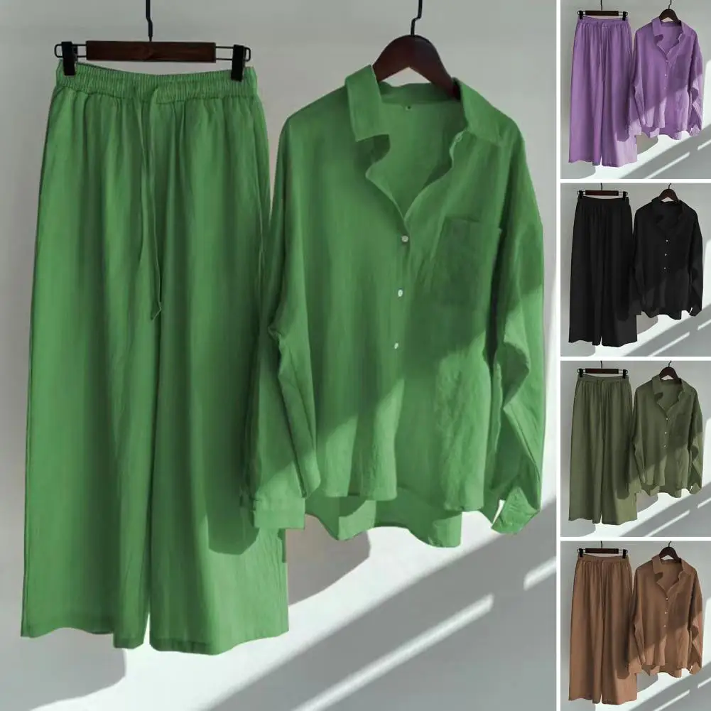 

Stylish Blouse Trousers Suit Thin Women Tops Pants Set Long Sleeves Deep Crotch Wide Leg Women Tops Pants Set Drawstring