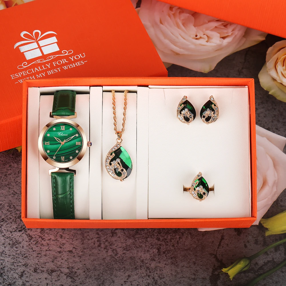 

Минималистичные часы для женщин, водонепроницаемые Роскошные зеленые кварцевые наручные часы с бриллиантами и кожаным ремешком, ожерелье, серьги, кольцо, набор ювелирных изделий, подарок