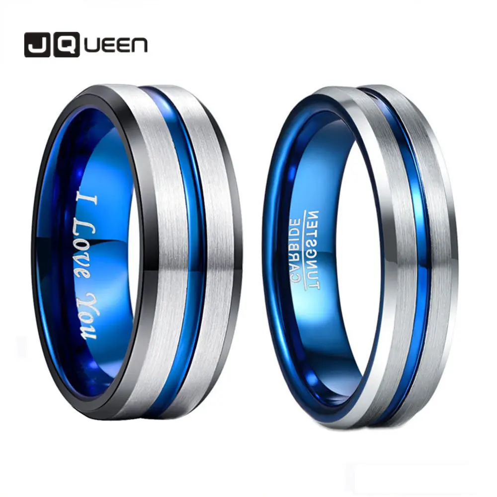 

JQUEEN 8mm 6mm Tungsten Carbide Ring Blue & Black Matte Finish Beveled Edge Wedding Band Size 6 to 14 Couple Ring Free Shipping