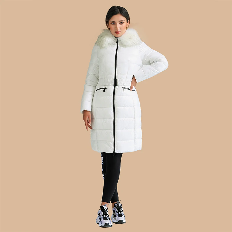 SANTELON Winter Thick Warm Long Parkas Coats For Women Casual White Puffer Jackets With  Fluffy Fake Fur Hooded Adjustable Waist