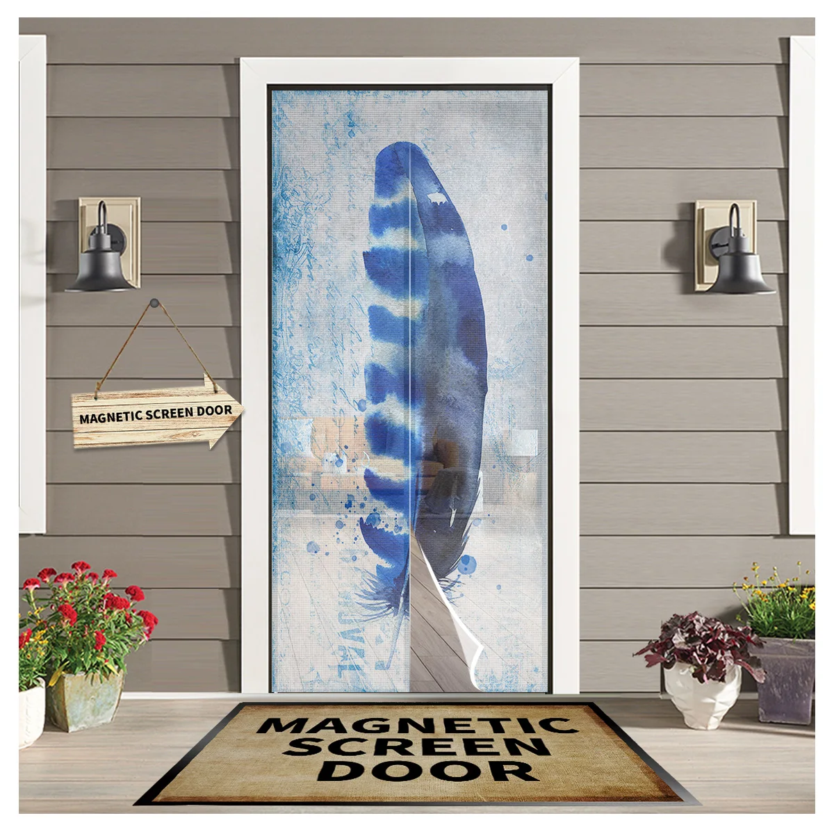 

Watercolor Feather Mottled Vintage Summer Magnetic Mesh Mosquito Screen Door Curtain Anti-Mosquito Net Fly Insect Screen