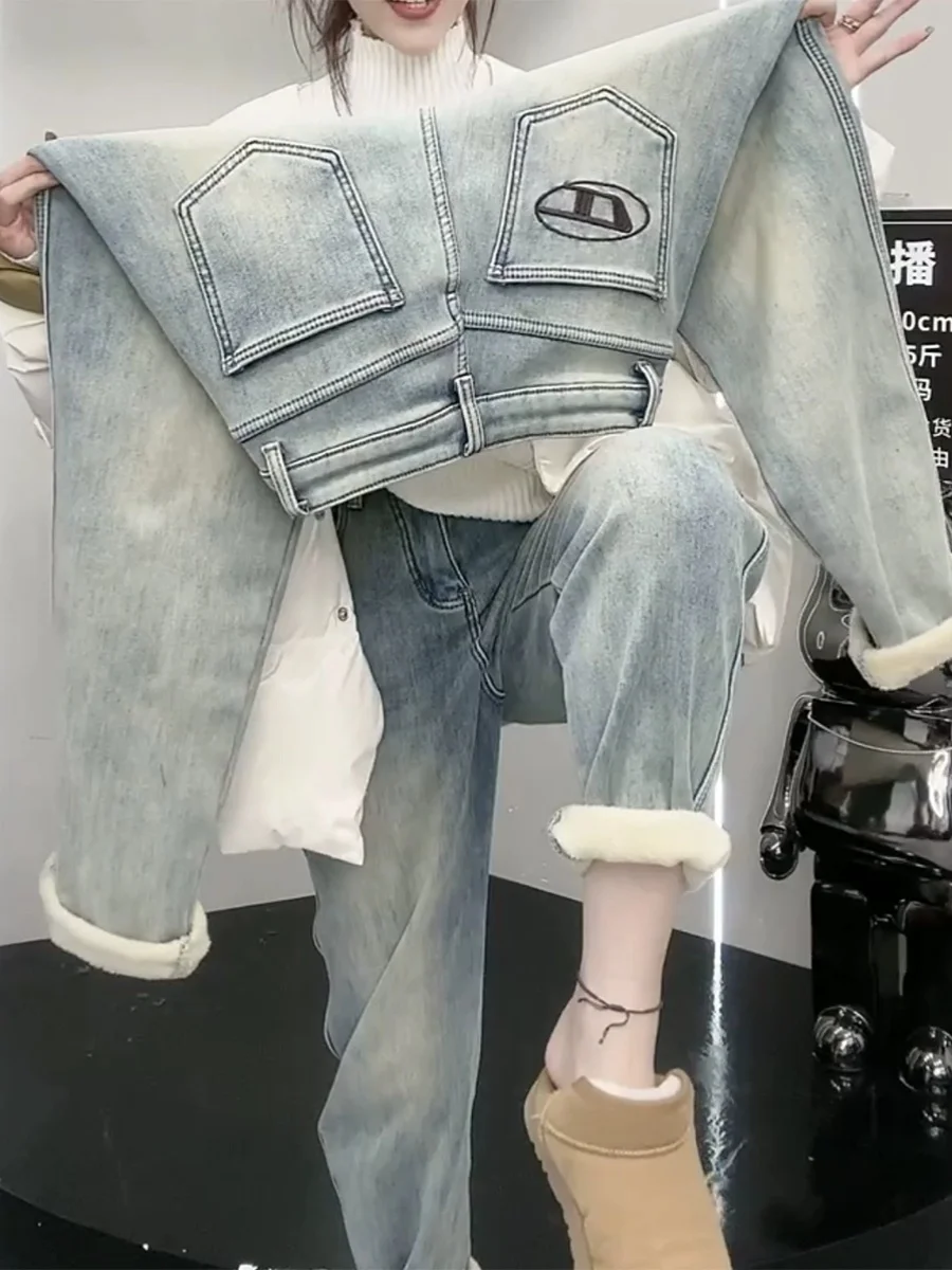 Y2k женские джинсы грушевидной формы эластичные флисовые большие размеры 2024 новые
