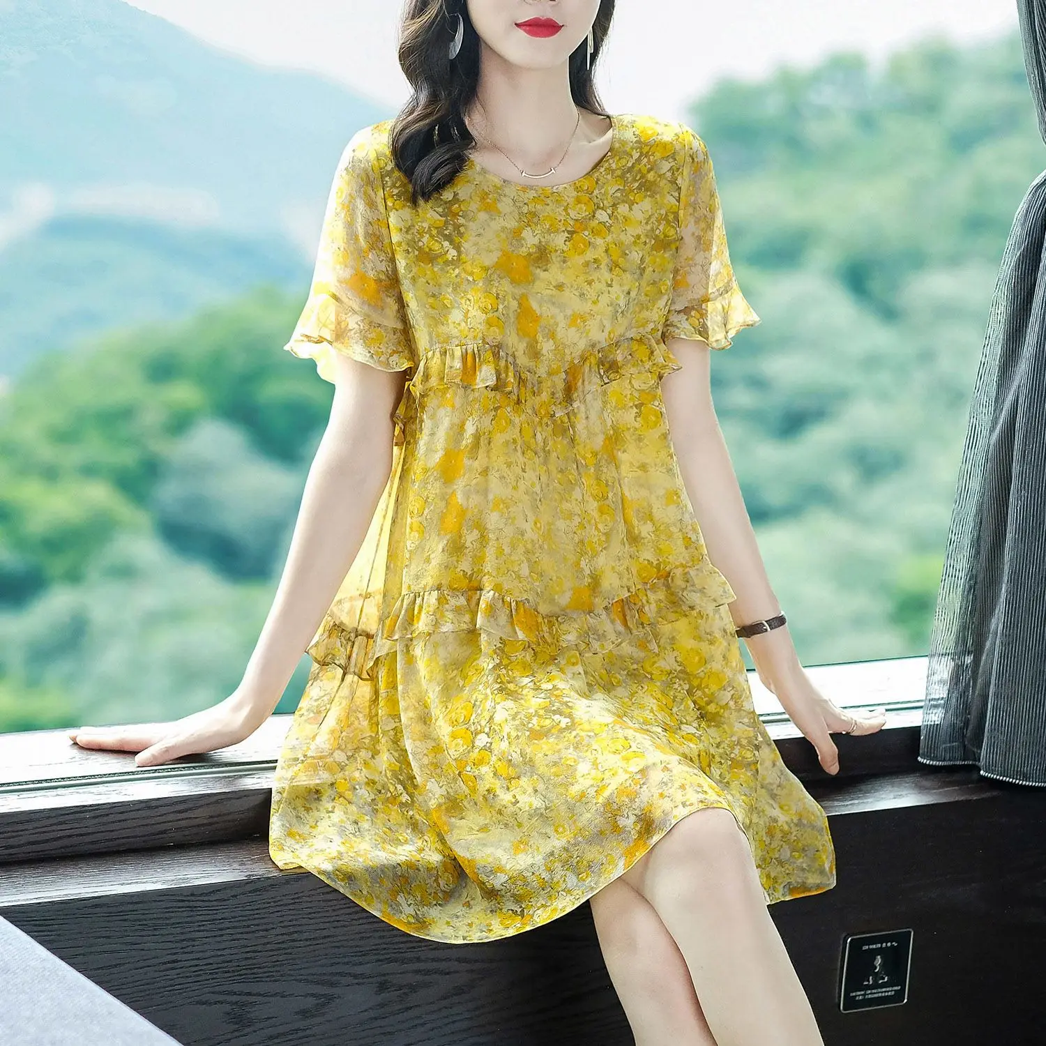 

Summer 2023 New Women Korean Style Short Sleeve O Neck Midi Dress Fashion Casual High Waist Print A Line Vestidos X165