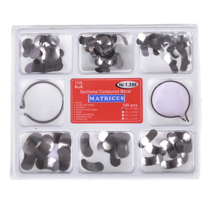 

100Pcs/Box Dental Matrix Sectional Contoured Metal Matrices Band Resin Clamping/Seperating Ring Dentist Tools