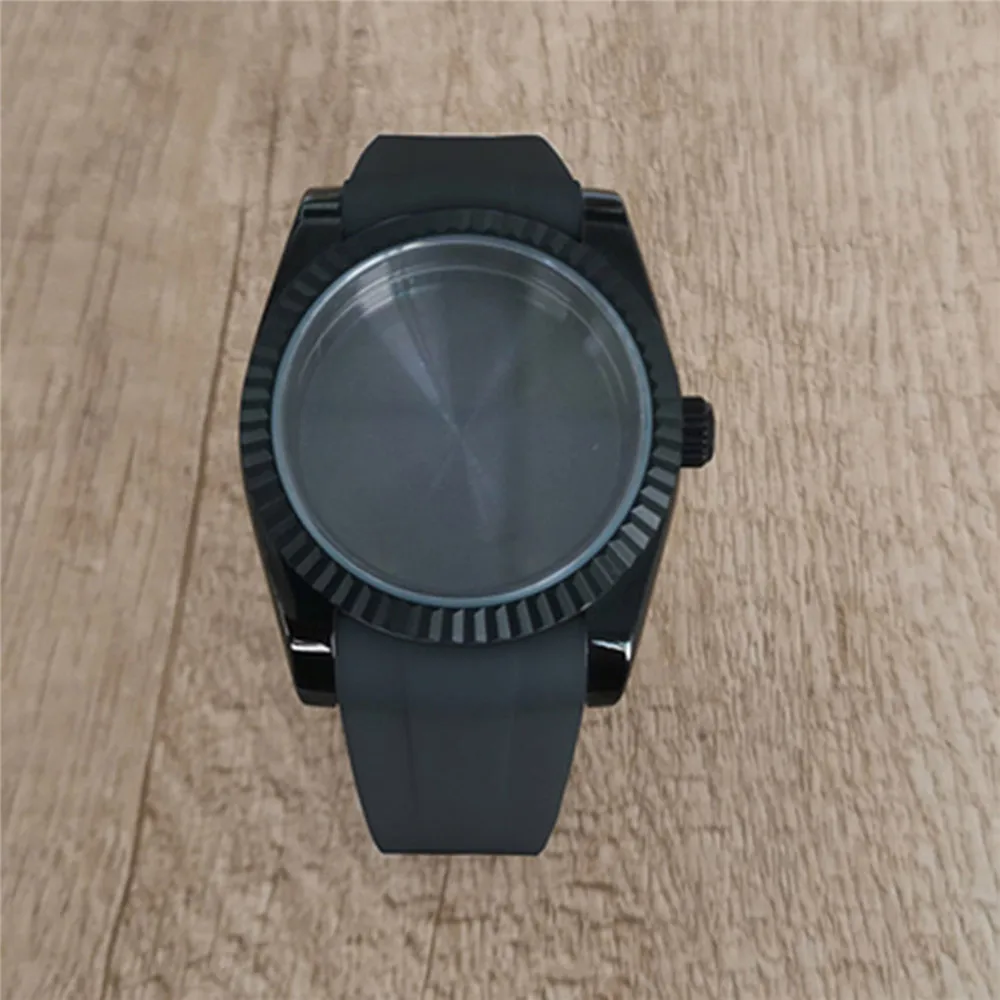 36mm Black Case Rubber Strap Set Watch Accessories, Magnifying Glass/Flat Sapphire Mirror Watch Case for NH35 NH36 4R Movement