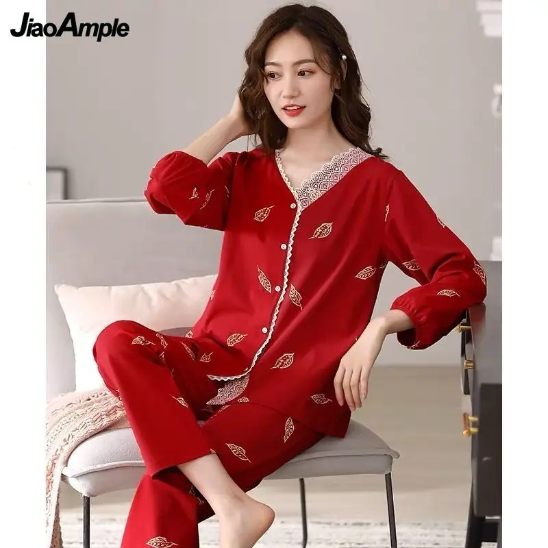 Cotton Pajamas Women's Printed Pijamas Suit Korean Fashion Nightie Loose Home Clothes Female Casual Sleepwear Nightwear Set