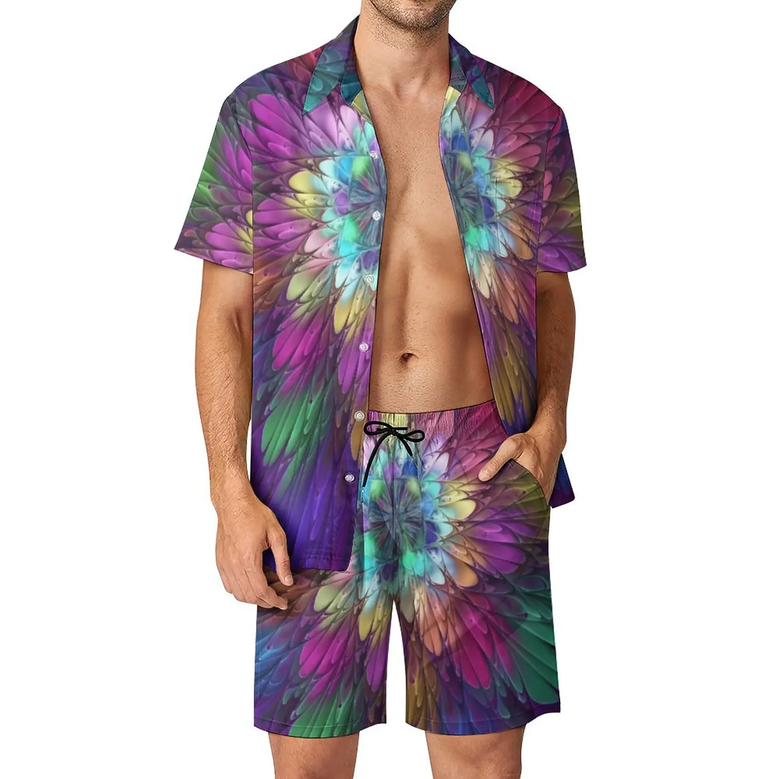 

Colorful Psychedelic Flower Men Sets Abstract Fractal Art Funny Casual Shirt Set Short-Sleeve Shorts Beachwear Suit Plus Size