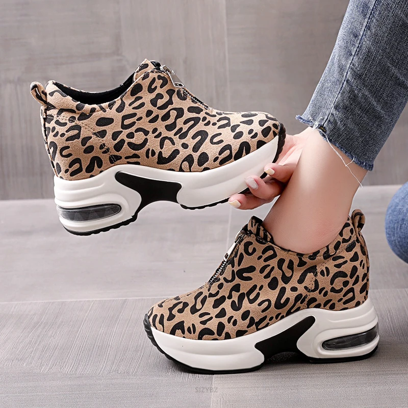 

Hidden Heel Casual Platform Shoes Woman Sneakers Suede Slip on Shoes Women Height Increasing Flock Leopard Print Wedges Shoes