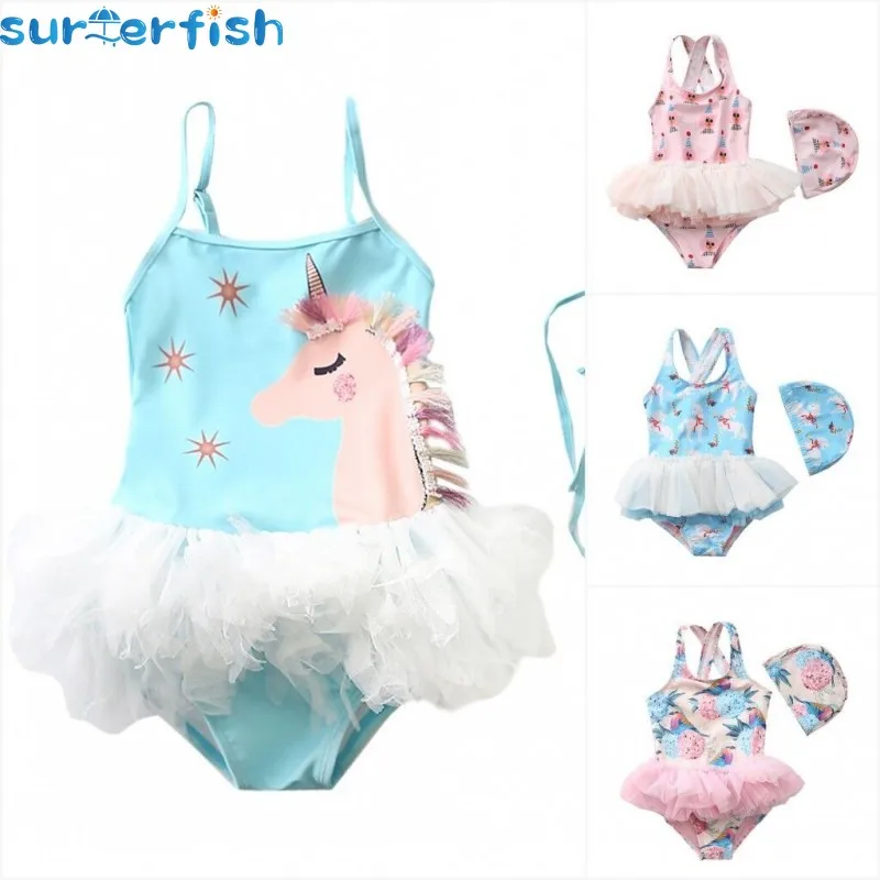 

2022 Baby Girls Cute Pluffy Unicorn Staps Swimsuit cap Children unicorn Straps Swimwear Bath wear ballerina Ballet Style 1-10Y