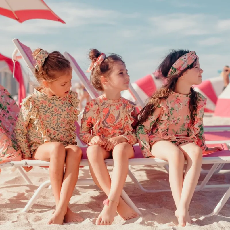 

Child Girl Summer Swimming Wear Floral Beautiful Vintage Style Toddler Girls Swimwear Hawaii Bohemia Kids Clothes Sets 5 6Years