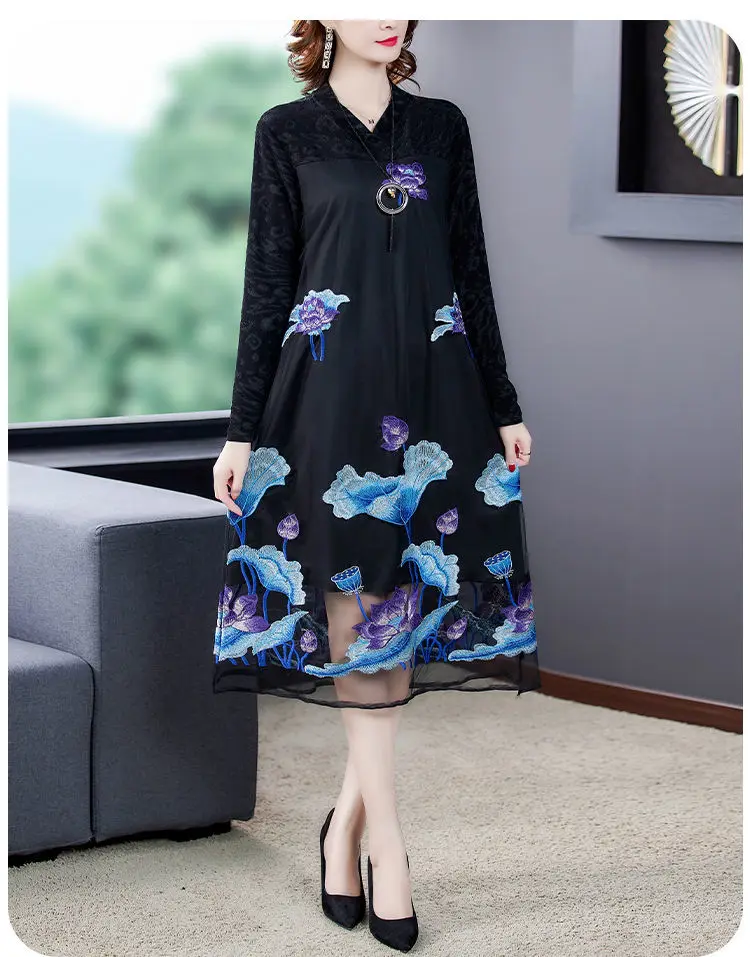 

2022 Spring Autumn Chic Mesh Embroidered Dress New Women's V Neck A-Line Dress Flower Party Femme Fashion Elegant K418