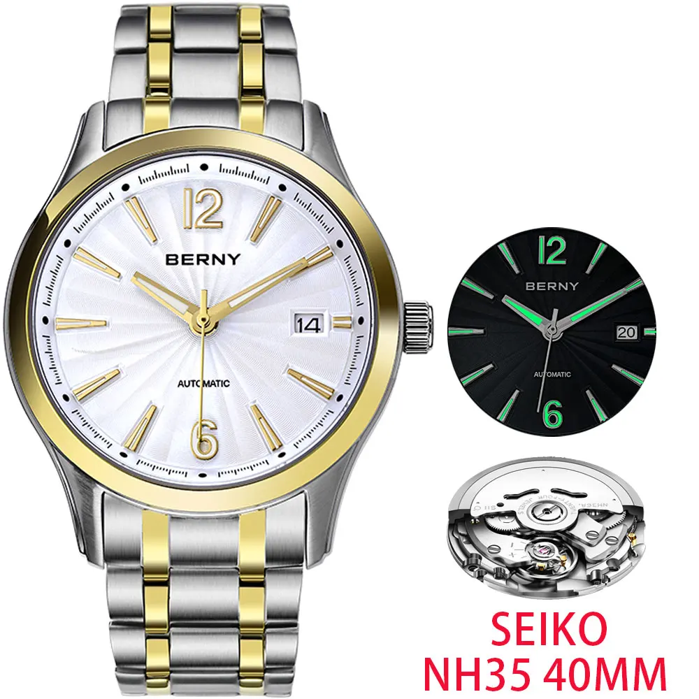 

BERNY NH35 Watch for Men Luxury Sapphire Automatic Mechanical Wristwatch Super Luminous Stainless Steel Exhibition Back Cover