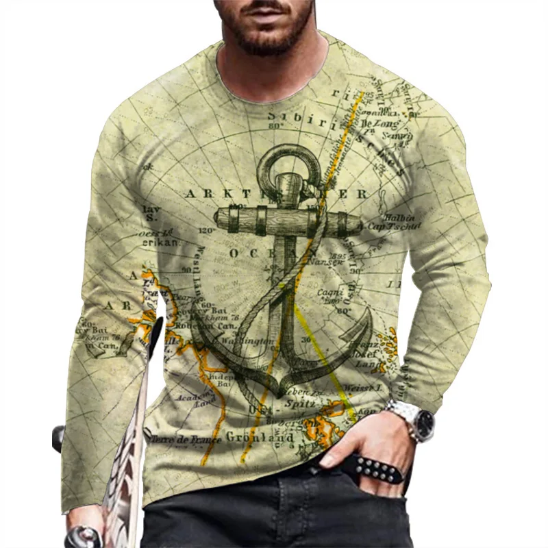 

Retro Style Boat Anchor Print Men's T shirt Fashion O-Neck Long Sleeve Casual Loose T-Shirts Plus Size Top Tees Men Clothing 5XL