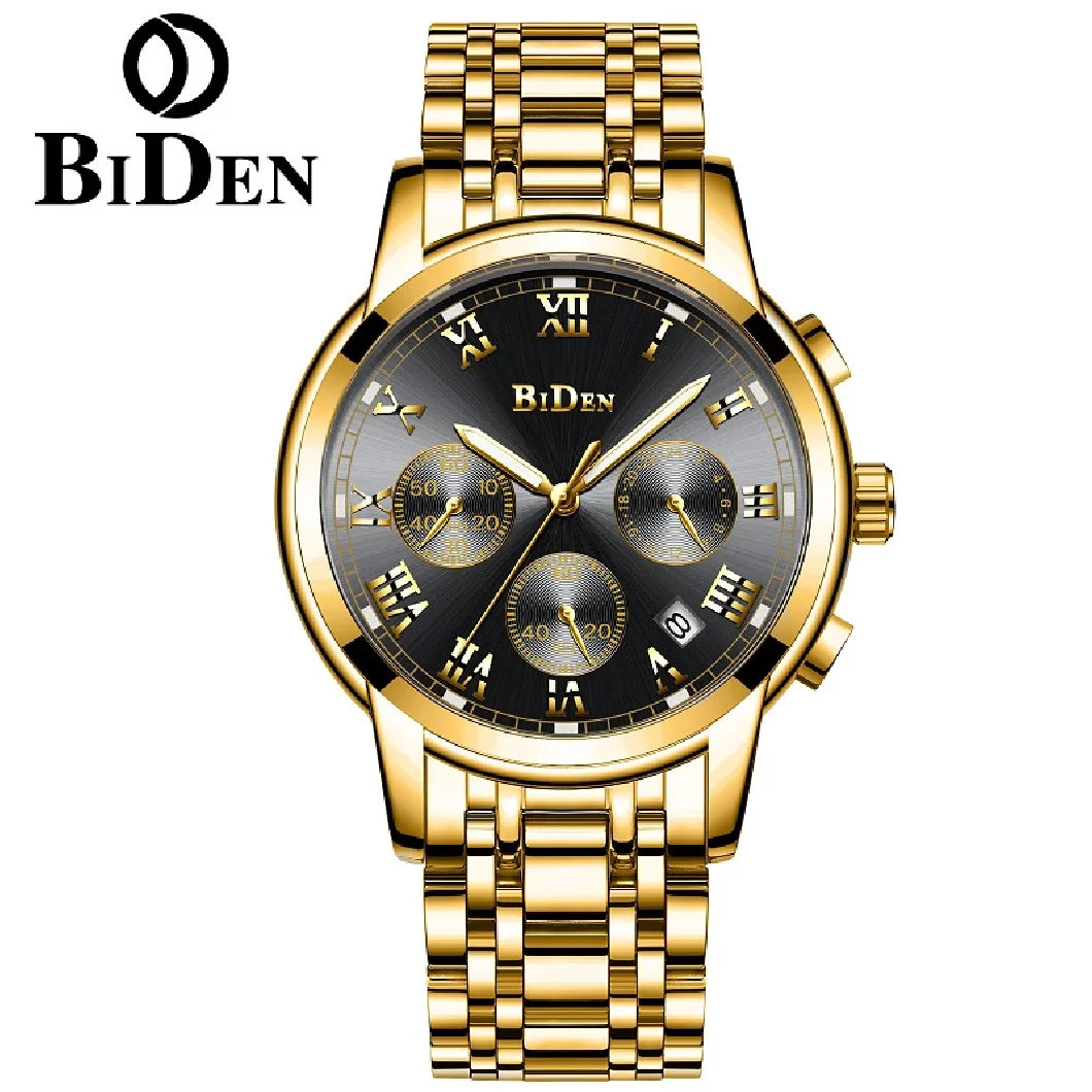 

BIDEN Original Men Business Quartz Wristwatch Chronograph Multi Function Stainless Steel Case Waterproof Luminous Calendar Clock